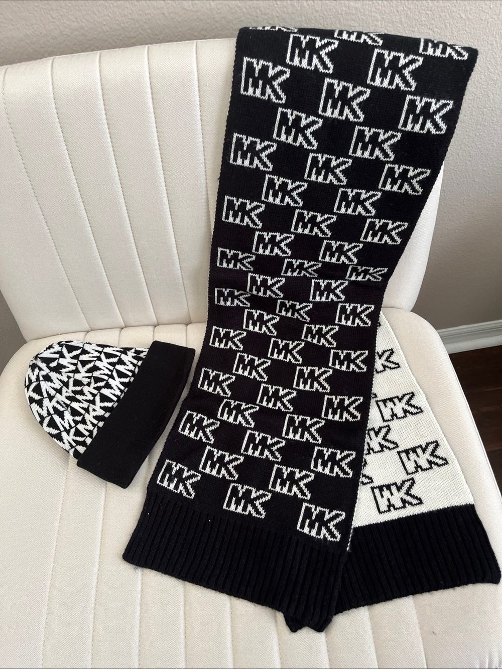 Michael Kors Black and White MK Logo Knit Scarf & Beanie Set